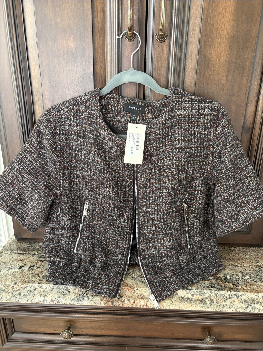Evereve BILLIE Brown Tweed Short-Sleeve Zip Jacket SIZE MEDIUM